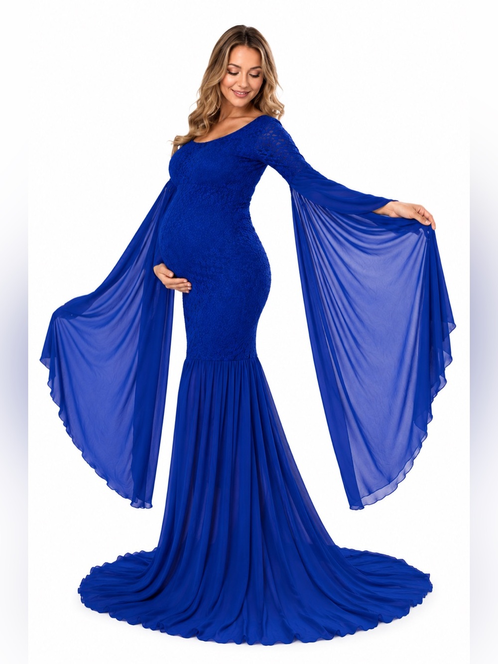 Royal Blue Maternity Photoshoot Maxi Gown Lace Bodice Draped Sleeve Dress L